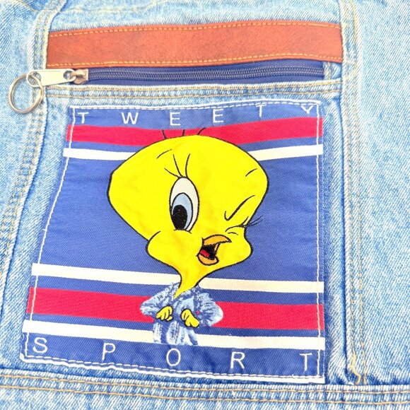Vintage 90s Tweety Sport Denim Tote Bag With Blue Straps Front Zippered Pocket - Picture 5 of 11